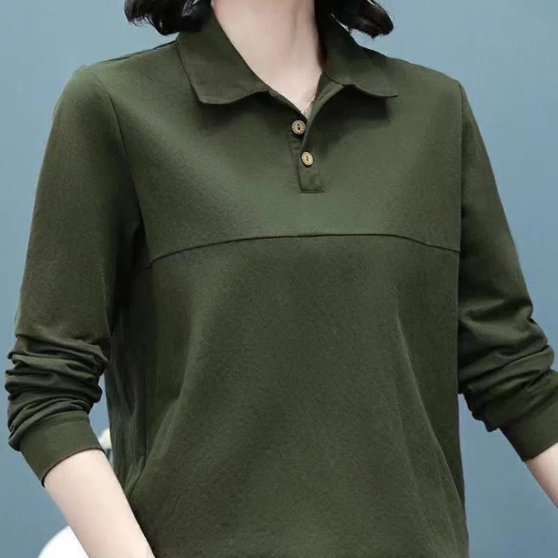 Commuter Versatile Women\'s Clothing Autumn and Winter New Spliced Buttons POLO Collar Long Sleeve Temperament Pullover Shirt