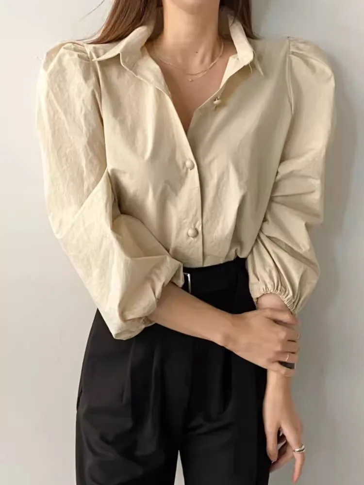 Chic Spring Faion Lightweight Bubble Sve Turn-down Collar Versatile Single-button Women's irt Commute Sle Pure Color