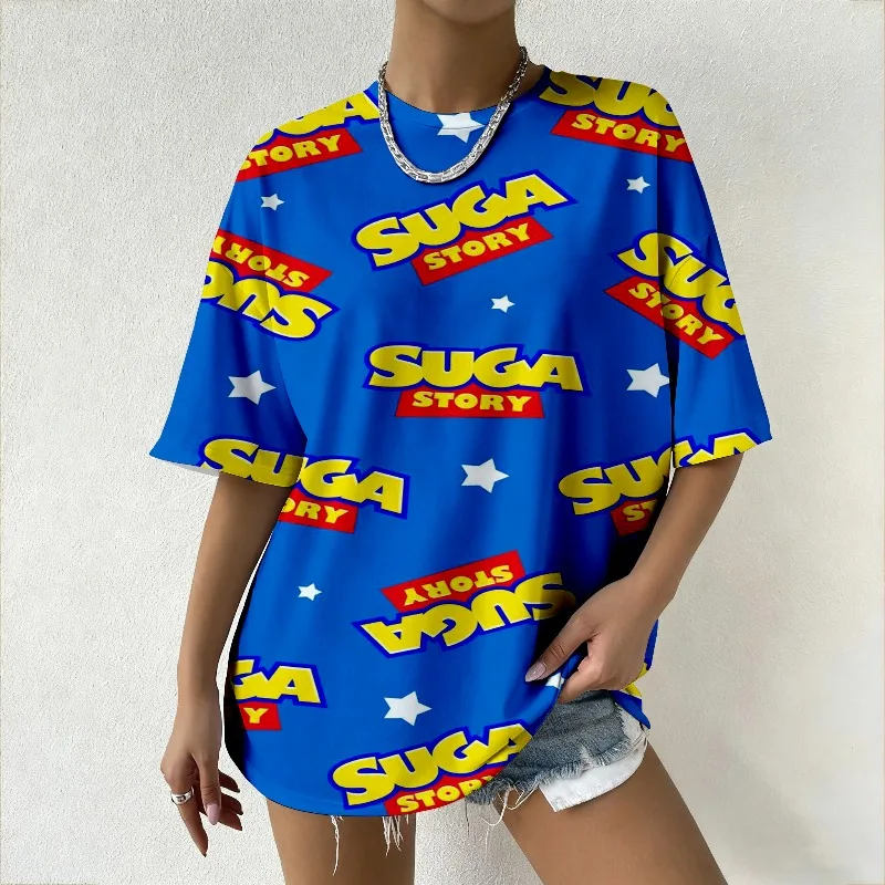 

New Women's Oversized T-Shirt with Suga Story Print Summer Fashion Top for Streetwear Casual & Daily Wear Loose Fit Tee Y2K Top