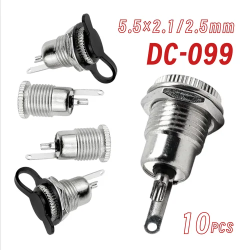 10 Uds DC-099 conector de toma de corriente hembra adaptador de montaje en Panel 5,5*2,1mm 5,5X2,5mm conector de alimentación CC