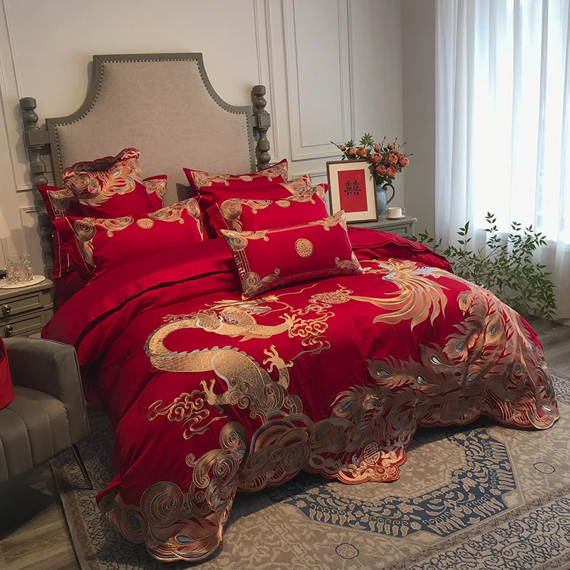 

Wedding 4-piece pure cotton bright red wedding bedding set, wedding dragon and phoenix embroidery quilt