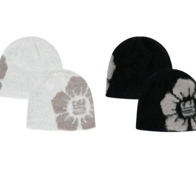 قبعة شتوية نسائية مع طباعة زهور، قبعة جمجمة محبوكة باللونين الأبيض والأسود، قبعة متماسكة ناعمة ودافئة، أغطية رأس عصرية للاستخدام اليومي