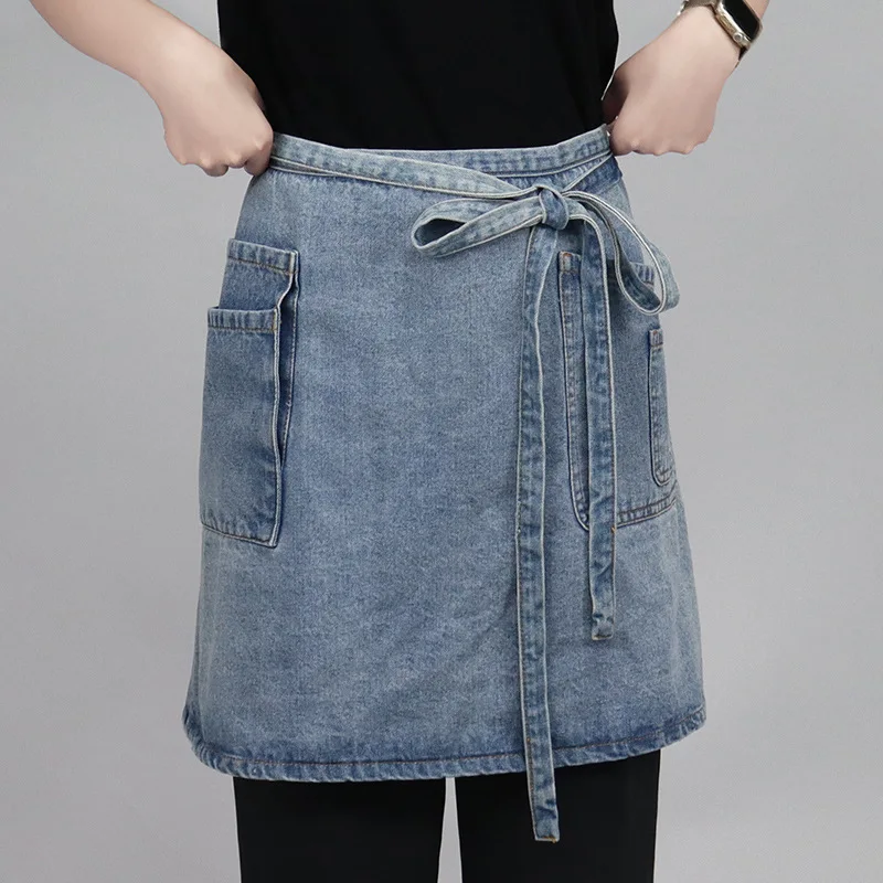 Washed denim Apron casual milk tea baking coffee shop dirt resistant new work clothes Women short apron 1
