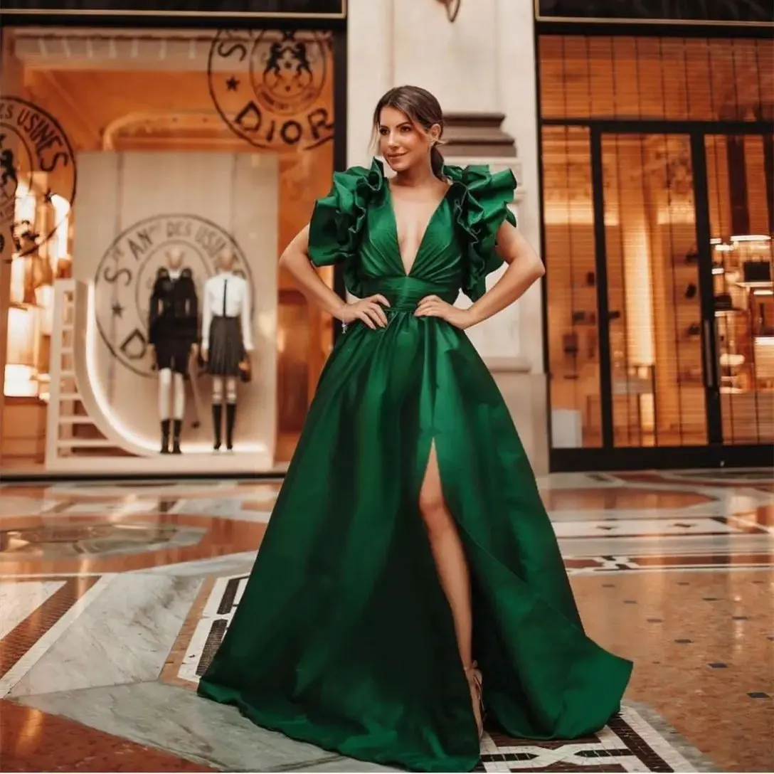 Long Green Satin Prom Dresses with Slit Mermaid V-Neck Pleated Watteau Train Wedding Guest Dress Formal Evening Dress for Women