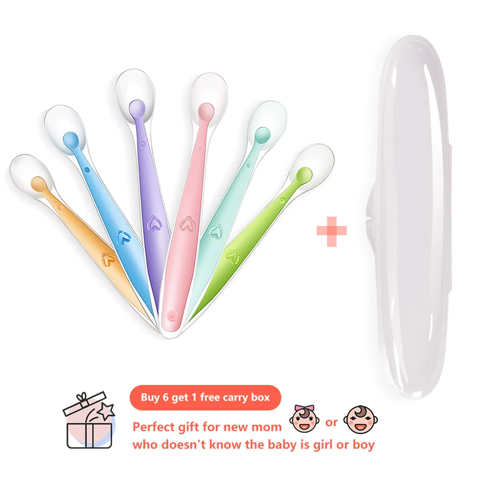 6pcs Baby soft silicone Spoon & PP Transparent Box Baby Feeding Soft Tip Tableware Learning Eat Training Auxiliary Tools