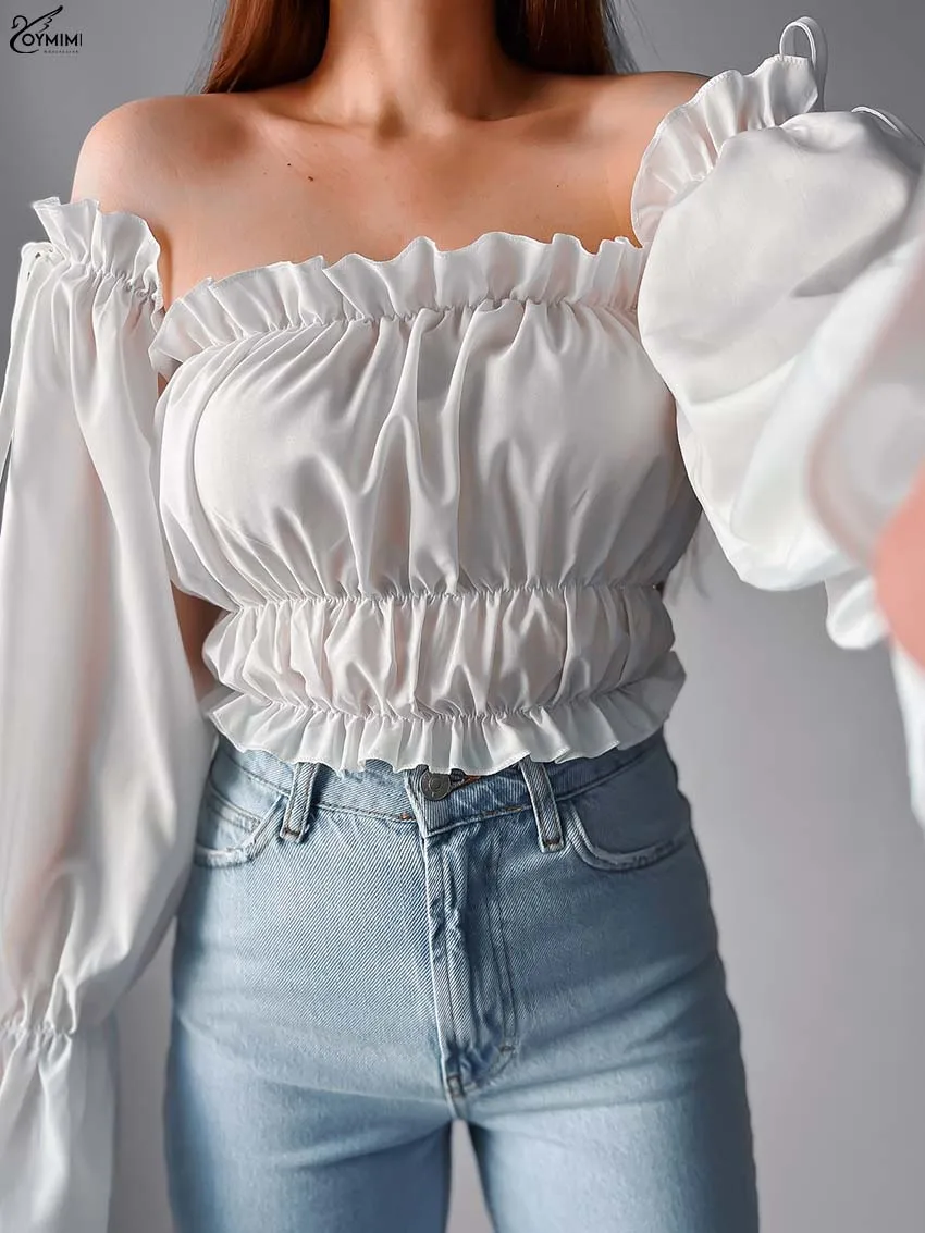 Oymimi Casual White Strapless Women's Blouse Fashion Ruffled Long Sleeve Lace-Up Blouses Elegant Pleated Crop Tops Streetwear