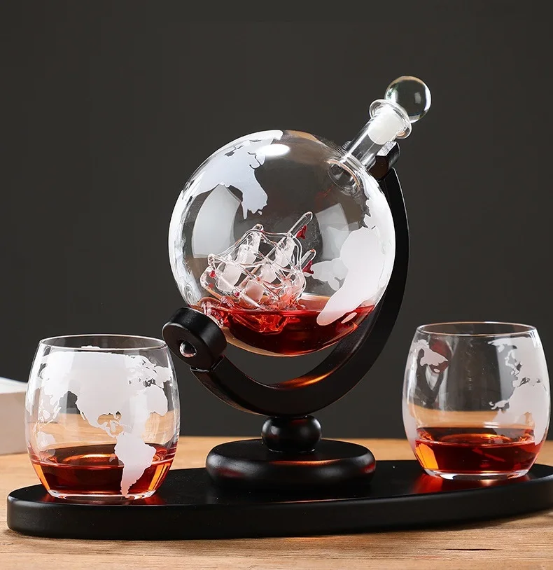 Creative Borosilicate Globe Model Wine Flagon Decorative Sphere Map Pattern Whiskey Glass Sailing Boat Brandy Drinkware Ornament