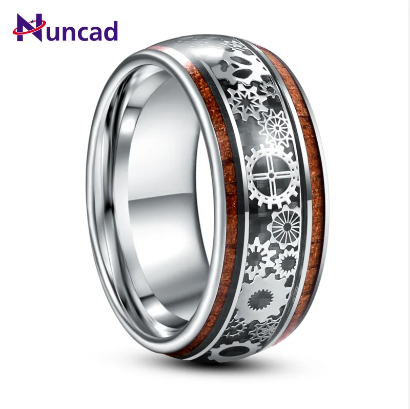 NUNCAD 10mm Tungsten Carbide Ring Steel Dome Inlaid Wood Grain Gear Pattern Men's Fashion Wedding Jewelry Best Gift