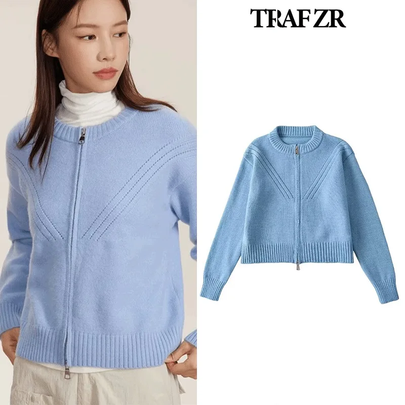 TRAF ZR Cozy Sweaters O-neck Knit Cardigan Women Autumn Minimalist Cardigans Harajuku Vintage Cardigans Long Sleeve Sweaters