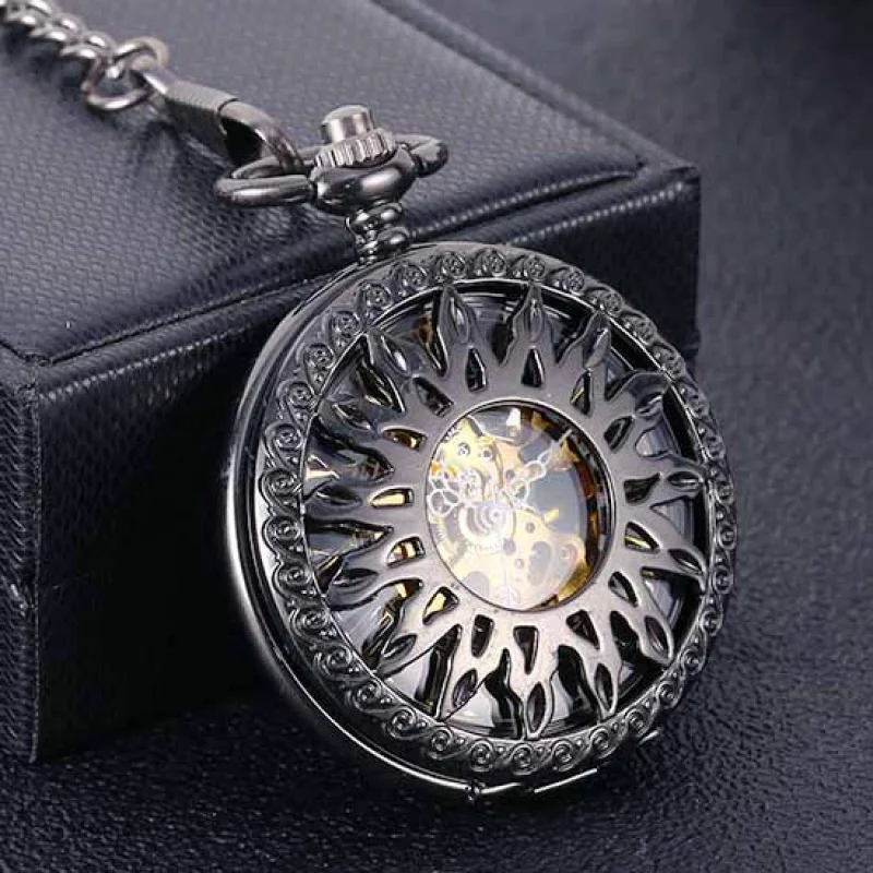 Black FlamePattern Mechanical Pocket Watch Roman Scale Large Mechanical Pocket Watch