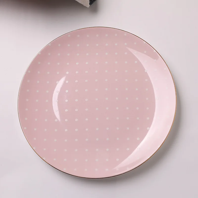 

Cute Pink Blue Green Polka-Dots Ceramic Plate Bone China Dinner Plate Dessert Plate Bread Decorative Plate for Home Decor Gifts