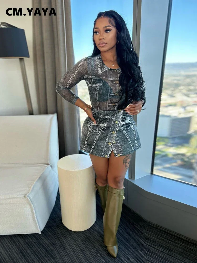 Fałszywe dżinsy z nadrukiem Zestaw damski Body z długim rękawem i spodenki zawijane Spódnice 2024 INS Dwa 2-częściowe zestawy Stroje dresowe