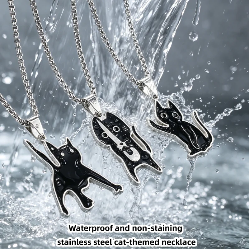 Men's titanium steel cat-shaped necklace - cute cartoon style, water-resistant, non-staining, sweater-style pendant accessory