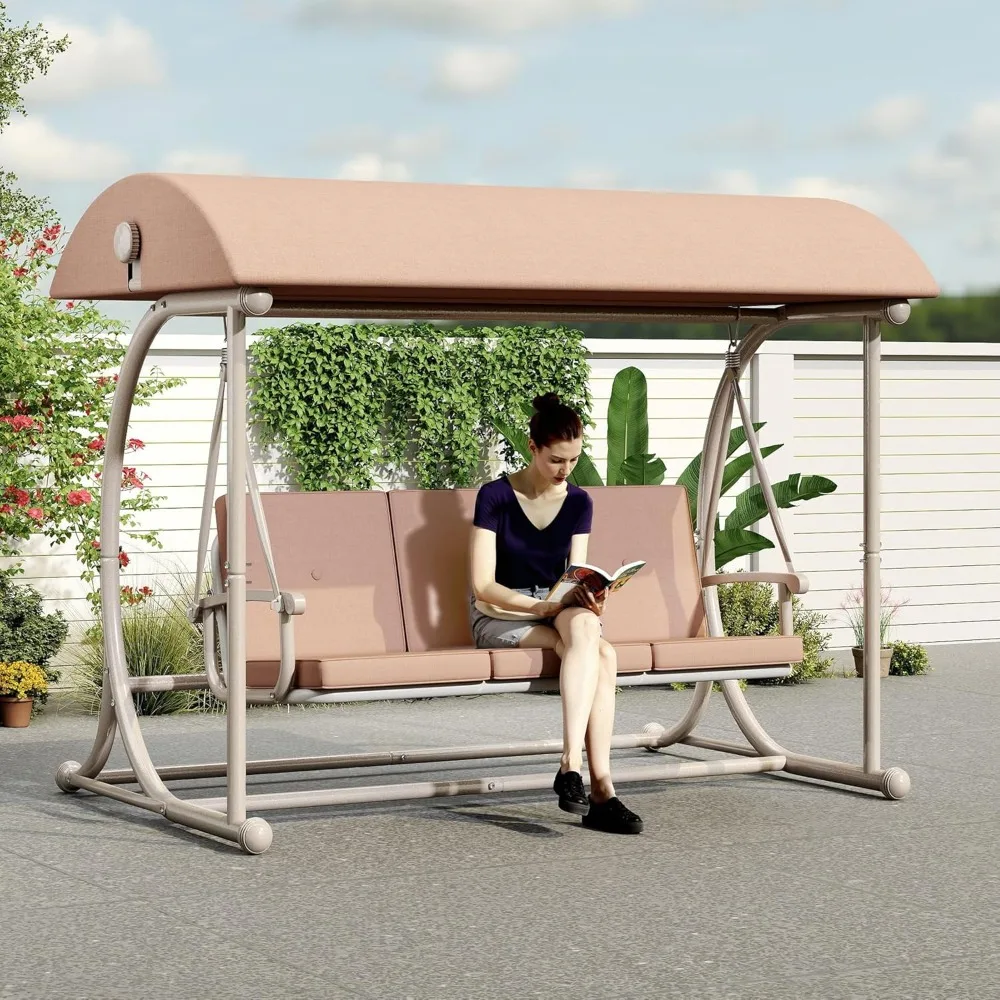 

Modern Porch Swing with Stand, 3 Person Outdoor Patio Swings with Canopy, All Weather Backyard Swing for Adults