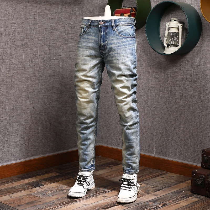 Italian Style Fashion Men Jeans High Quality Retro Wash Elastic Slim Fit Ripped Jeans Men Vintage Designer Denim Pants Hombre