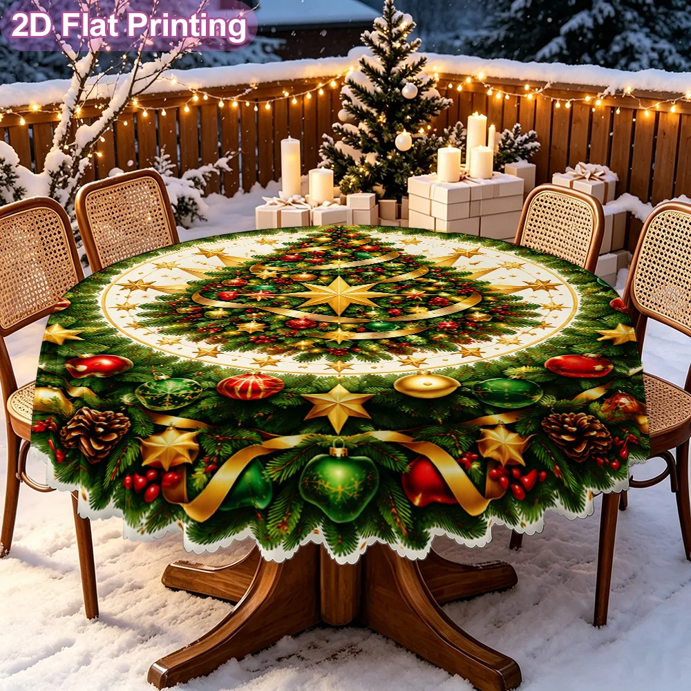 2D flat single-piece round tablecloth, Christmas tree wreath, round decorative print holiday table cover