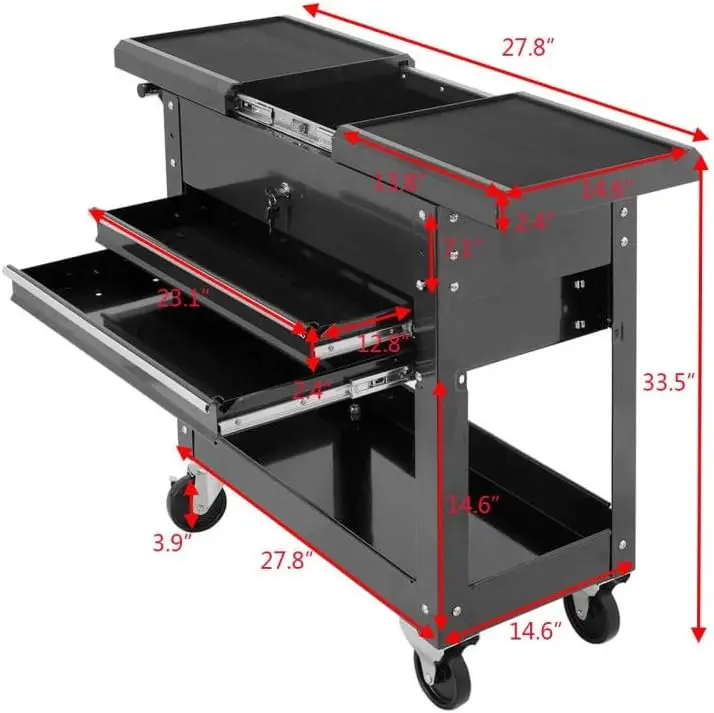 Utility Service Cart Tool on Wheels, Heavy Duty Metal, 4 Tiers Prateleiras com Gavetas, Organizador de Armazenamento de Ferramentas para Armazém