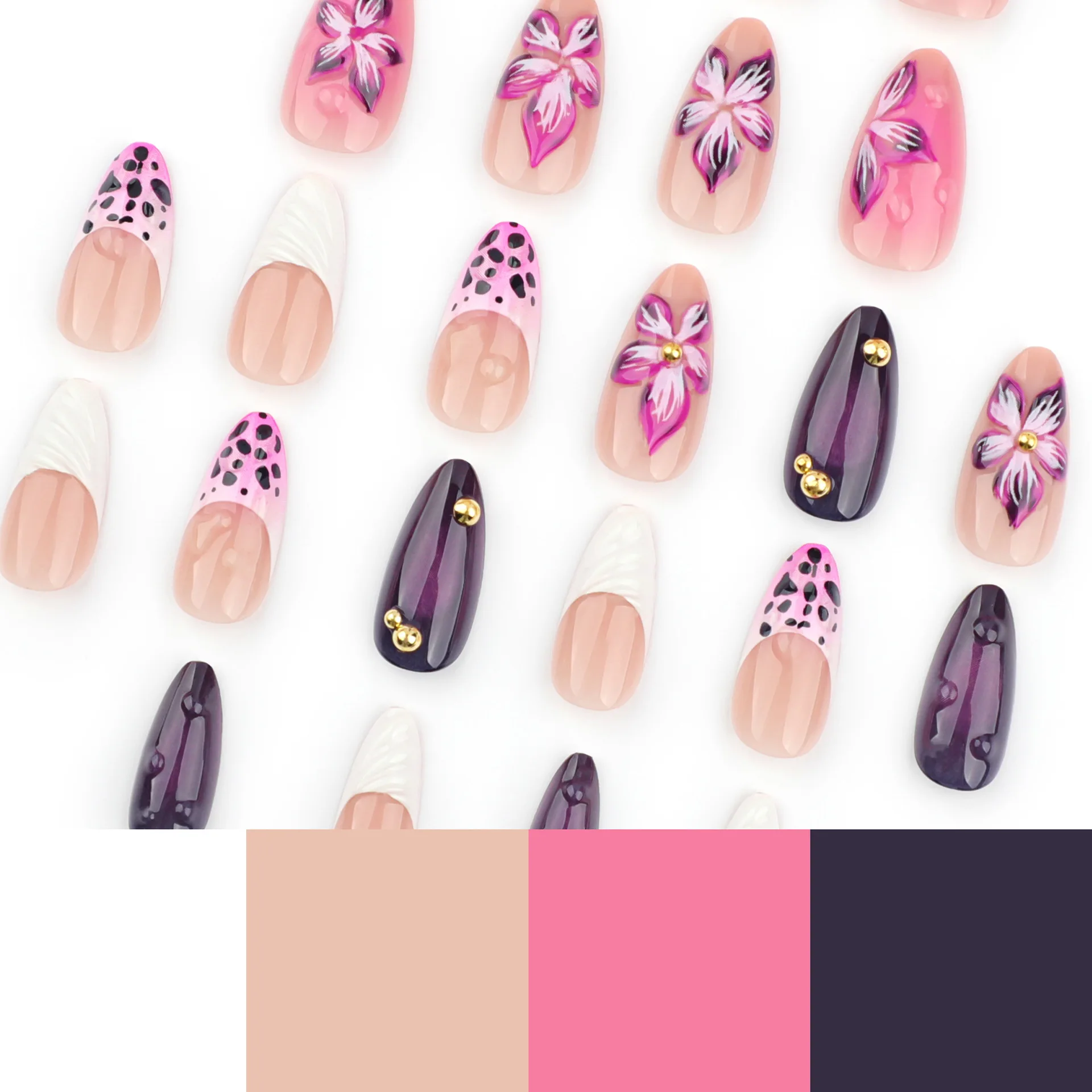 24 pçs 3d gradiente roxo flor imprensa em unhas borda branca leopardo impressão estilo francês unhas falsas doce legal unhas falsas para mulher