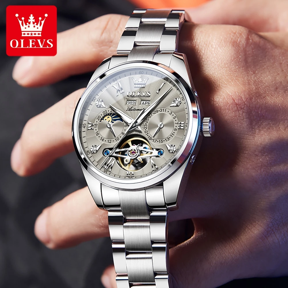 OLEVS 2024 Skeleton Flywheel Automatic Watches for Men High end Luxury Original Mechanical Men\'s Wristwatch Moon Phase Man Watch