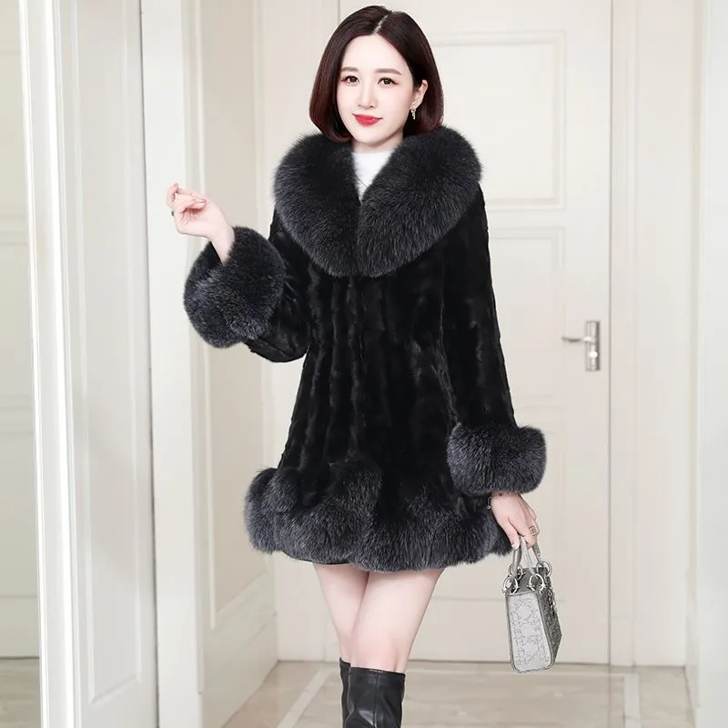 2026 Hot Selling Fashion New Women's Real Fur Coat Mid-length Fox Fur Collar Autumn Winter High-end Mink Fur Coat
