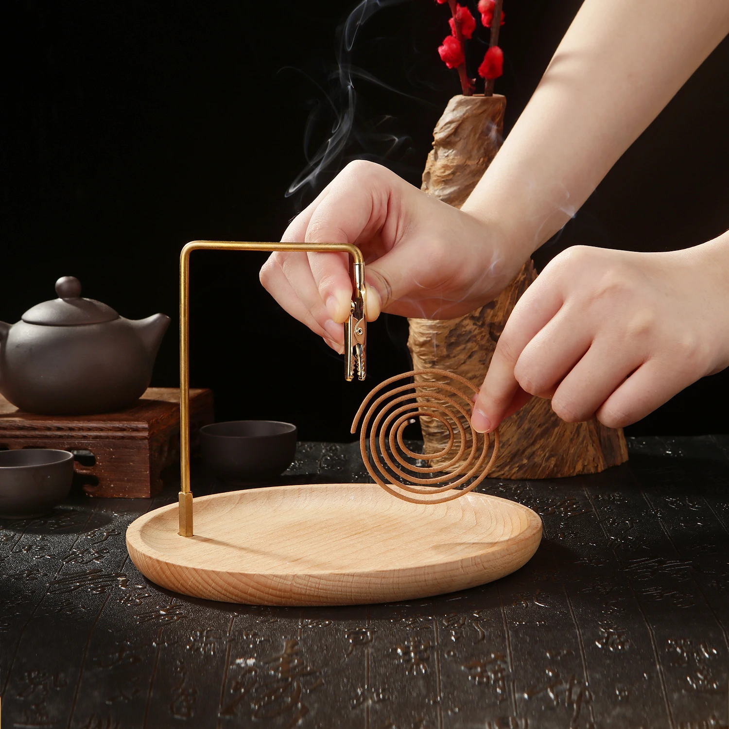 Wooden Incense Burner Upside Down Spring Clip Incense Holder Mosquito Coil Holder Incense Plate Ash Catcher