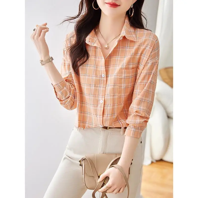 Cotton Thin Plaid Long-sleeved Button Shirt Women Summer Loose Design Niche Top Sun Protection Clothing Retro Blouses Shirt