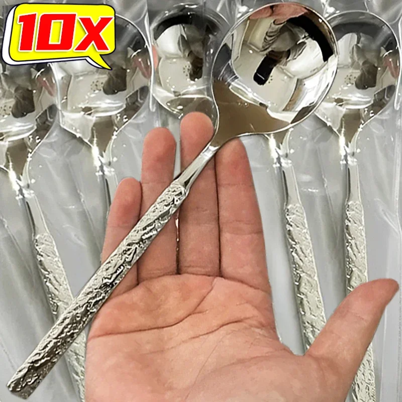 1/10PCS Stainless Steel Spoons Long Handle Non-slip Stirring Soup Spoon Round Head Dessert Scoop Home Kitchen Portable Tableware