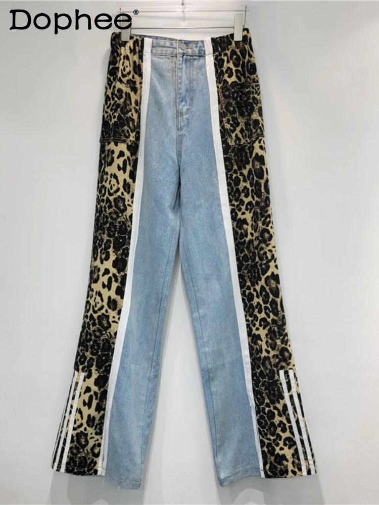 

Street Hipster Stitching Leopard Print Jeans for Women 2024 Autumn New Split Straight Trousers American Style High Waisted Jeans