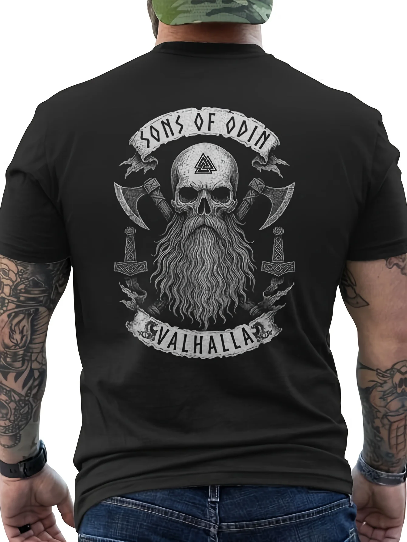 Alhallaikings Men'S Viking Norse Mythology T-Shirt Odin'S Skull and Mjolnir Axe Back Print Odin Valhalla Son Graphic Black