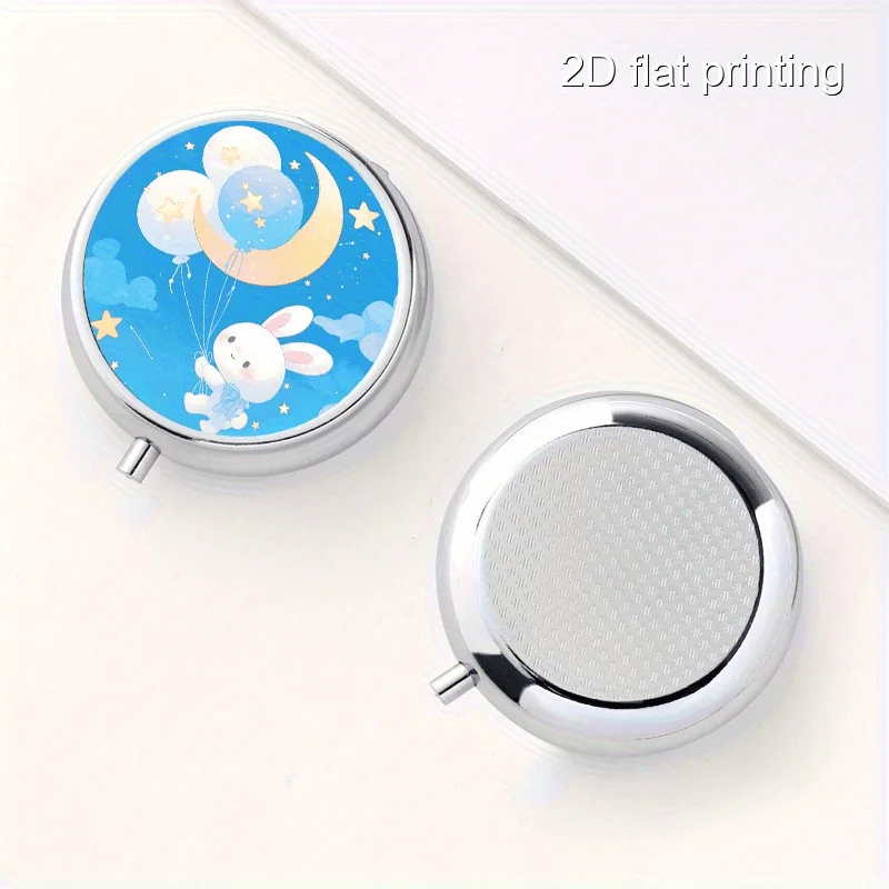 White Rabbit Balloon Creative Printed Pattern Round Metal Box with 3 Compartments, Portable Mini Metal Box, Nutritional Vitamin Metal Box, Portable Metal Box for Home and Travel, Multifunctional Sorting and Storage Box, Decorative Earrings and Jewelry Multi-Compartment Storage Small Metal Box, Sealed and Moisture-Proof, Unique Holiday Gift for Family and Friends