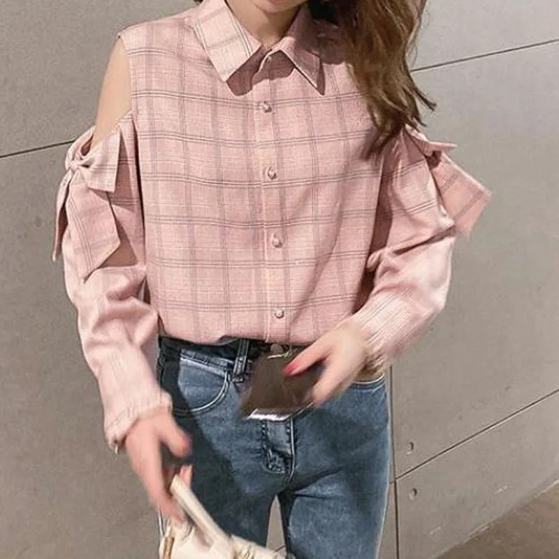 Korean Fashion Off Shoulder Plaid Blouse Women\'s Clothing Spring Autumn Long Sleeve Casual All-match Bow Spliced Shirt Female