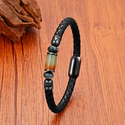 Multicolor Natural Stone Beaded Crystal Bracelets Braided Leather Rope Bangles Stainless Steel Magnetic Jewelry and Accessories