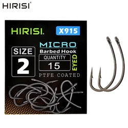 Hirisi 눈이 달린 잉어 낚시 후크, 마이크로 바브, 고탄소강 낚시 후크, PTFE 코팅, 잉어 낚시 액세서리 X915, 15 개