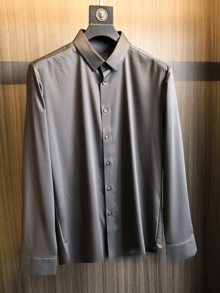 

Matte Texture Sl Pred Rubber Spring Autumn Men's High Elastic Breathable arp Collar Busin Long Sve irt