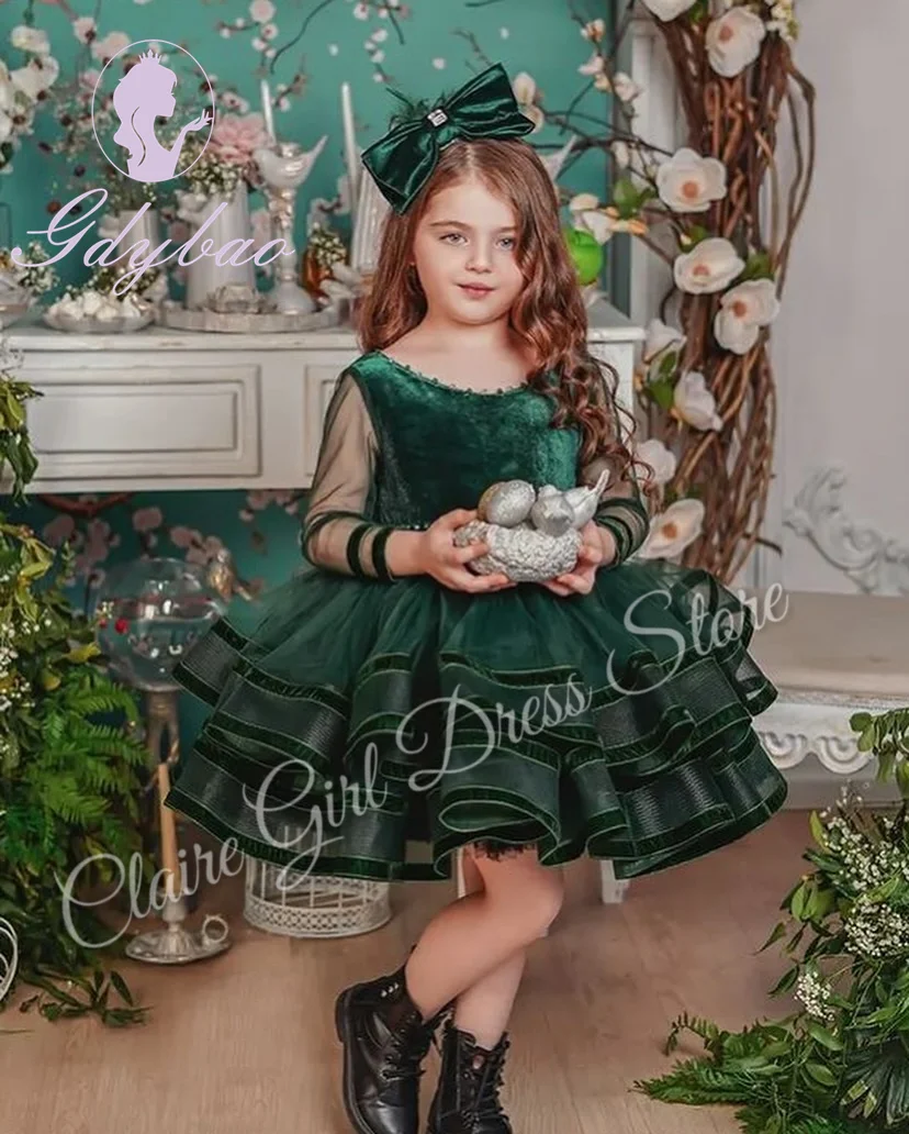 Customized Green Flower Girl Dresses For Wedding Full Sleeves Knee Length Kids Birthday Party First Communion Pageant Gown