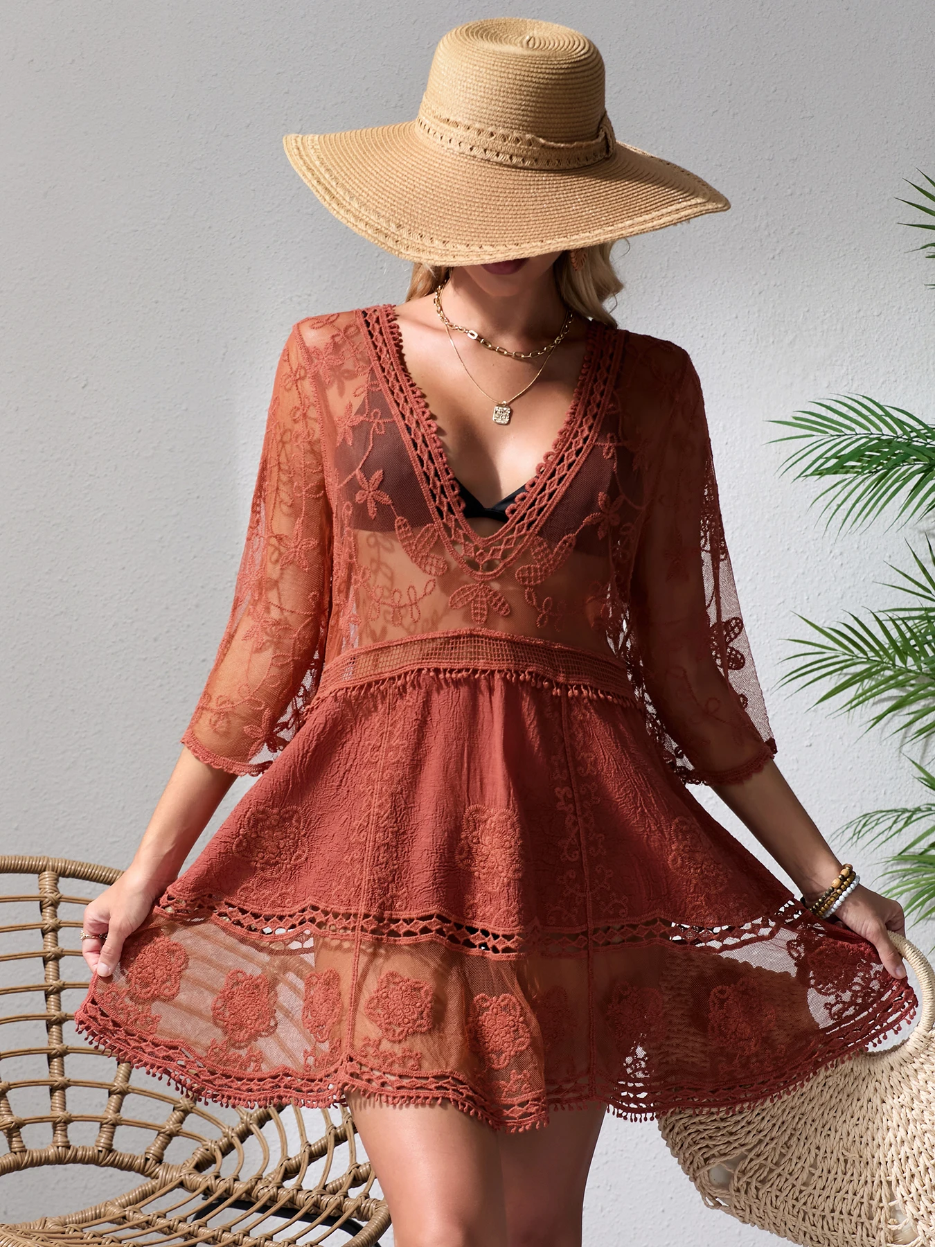 

Summer Women's Beach Hoodie Bohemian Style Mesh Splicing Embroidered Hollow V-neck Hoodie Sunscreen Shirt