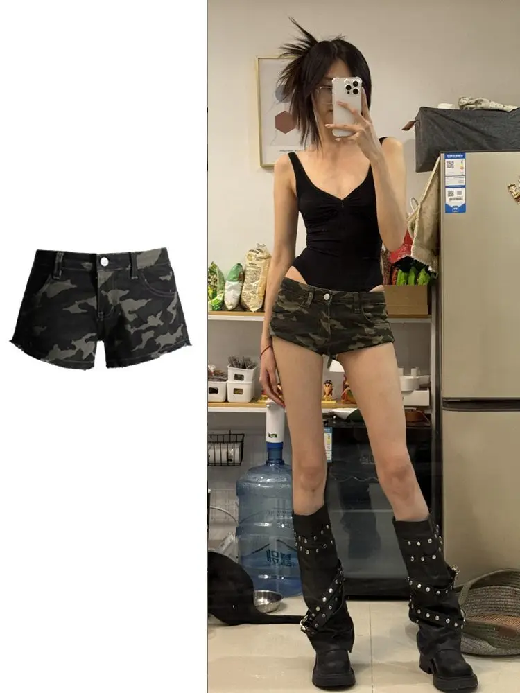 

Американские камуфляжные джинсовые шорты Spice Girl Y2k, женские новые эластичные узкие ягодицы с низкой талией, шорты