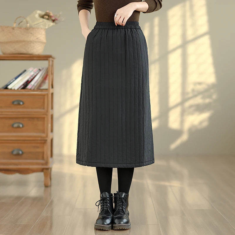 Warmer Baumwoll-F-Rock mit vertikalen Streifen, A-Linien-Midirock, reine Farbe, Winter Faion Pred Line Commute Sle Damen-S...