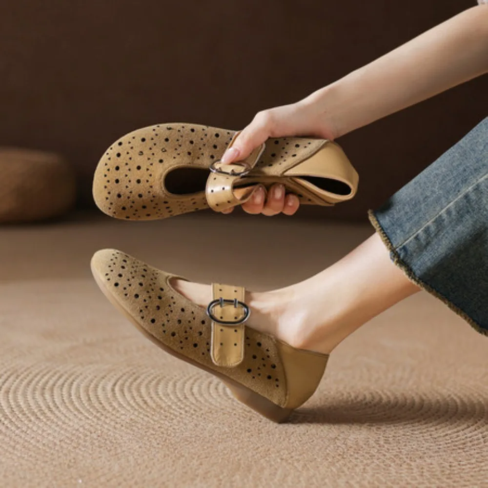 Breathable Hollow Cutout Mary Jane Flats Women T Strap Adjustable Buckle Round Toe Flexible Soft Sole Daily Casual Ladies Shoes