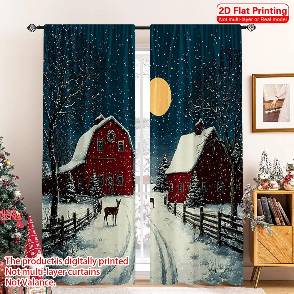 

2pcs 2D flat printing Christmas Window Drapes Merry Christmas winter 100% Polyester Without Electricity Festive Wall Decor for