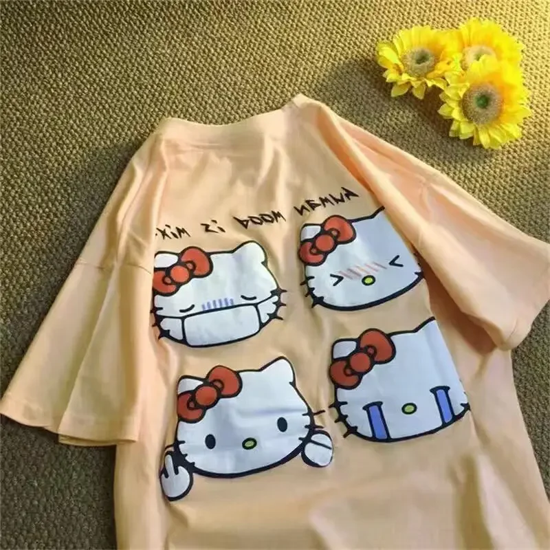 Korean Casual Women T-shirt Vintage Casual Hello Kitty Print Unisex T-shirt Student Couple Short Sleeve Summer T-shirt Goth Tops