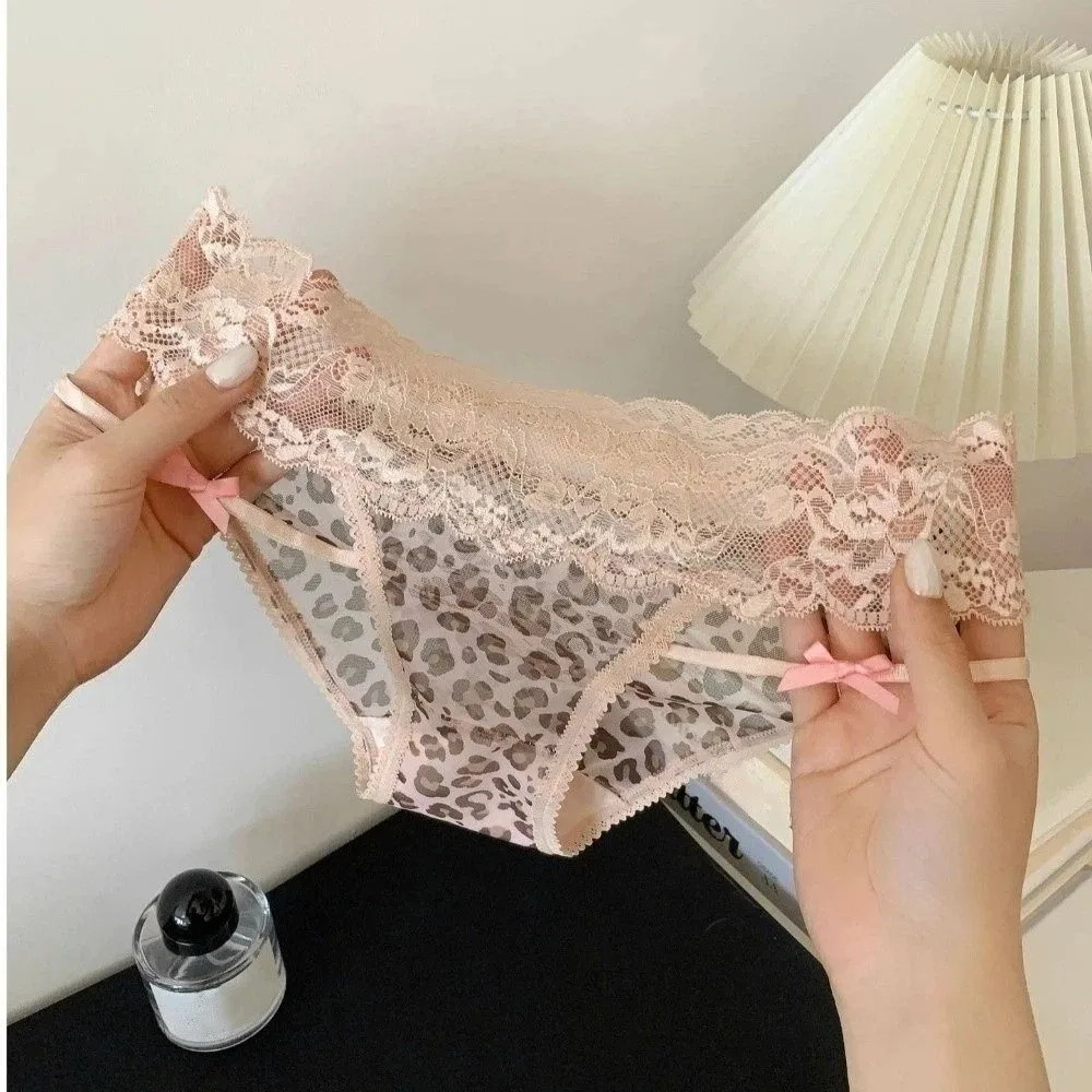 Sweet Seamless Triangle Underwear Hollow Out Low Waist Lace Panties Thin Mesh Transparent Leopard Print Briefs Women