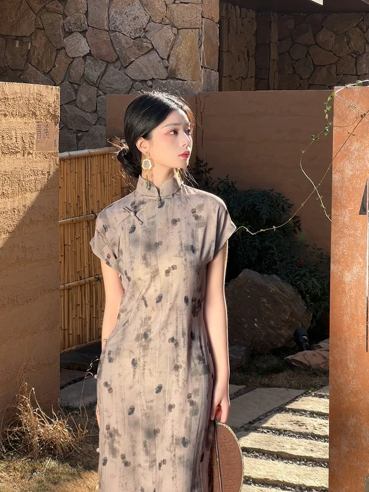 

Ретро-платье-ципао в пол с разрезом, женское, красивое, винтажное, в китайском стиле, с коротким рукавом, из дышащего полиэфирного волокна