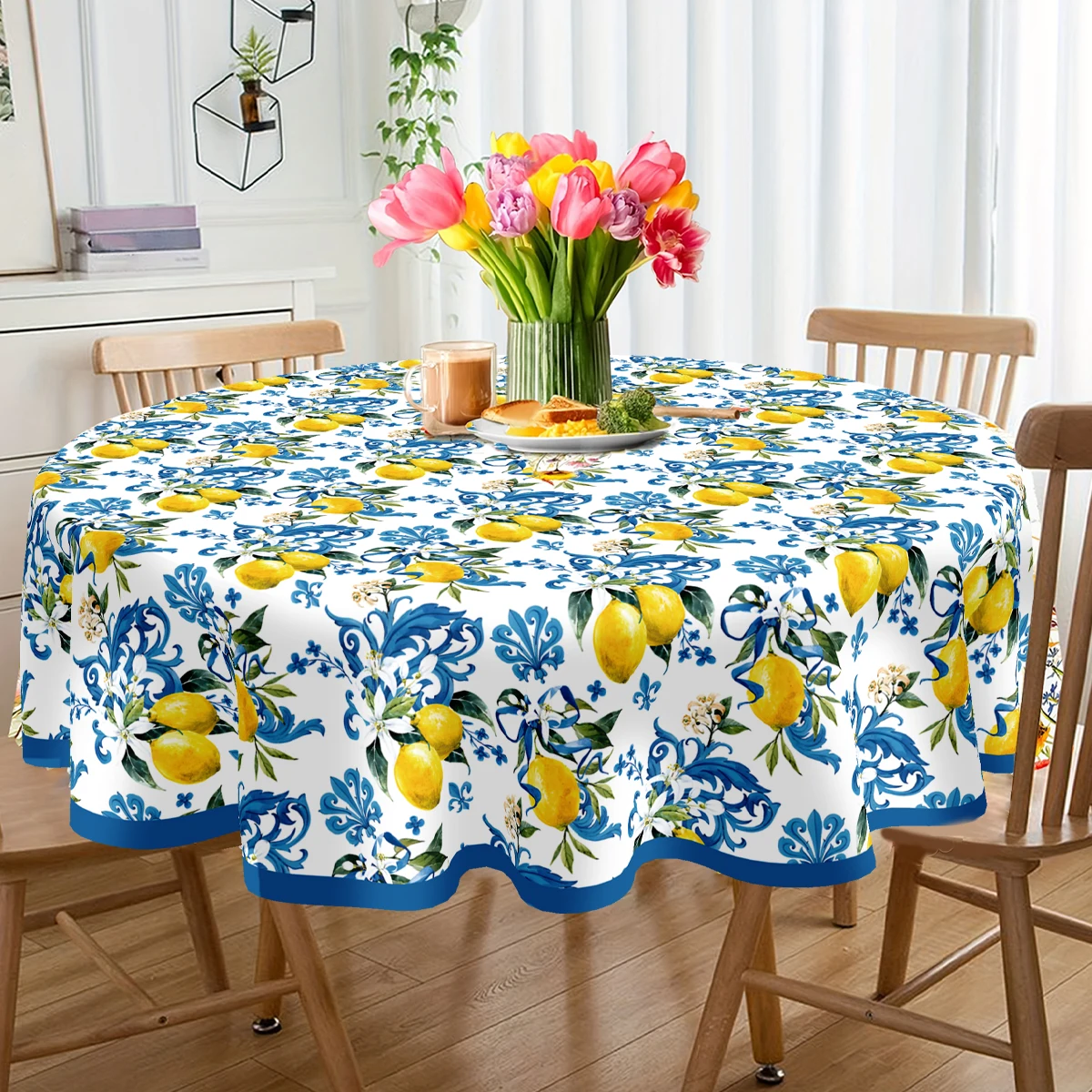 Blue Edge Lemon Polyester Round Tablecloth 1st Birthday Party Decorations Kids Favors Table Cover Wedding Baby Shower Supplies