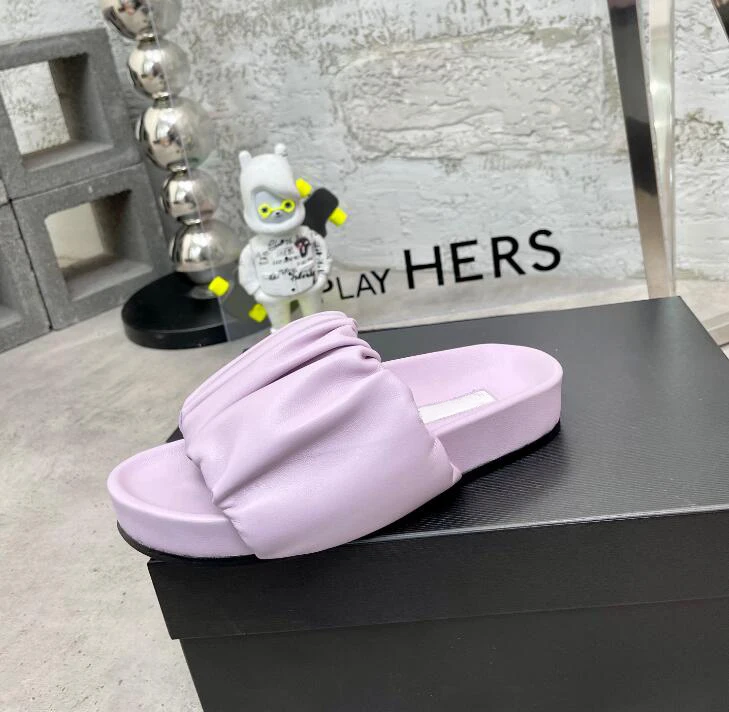 Wrinkle Leather Ladies Purple Beige Beautufl Summer Slides Shoes Outdoor Female Footwear Open Toe Slip on Casual Sapatos Mujer