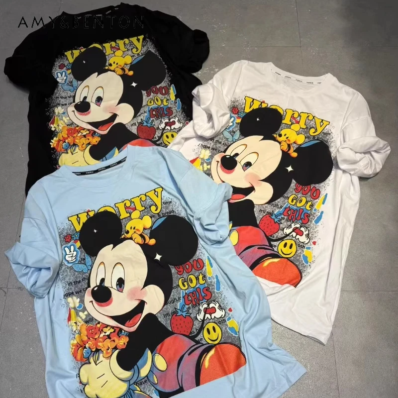 

Korean Style Fashion Cartoon Printing Loose Half-sleeved Top T-shirt 2025 Summer New Kawaii Clothes Y2k Crew Neck Tshirts Ladies