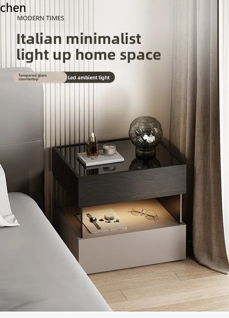 HTT Minimalist Bedside Floating Solid Wood Nightstand Light Luxury High-End Small Bedroom Storage Cabinet