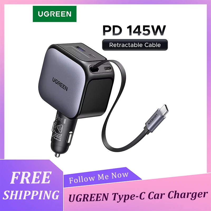 UGREEN USB Type-C Car Charger PD145W 90W 60W Retractable Cable PD SCP AFC PPS Fast Charging For Tablet iPhone Samsung Xiaomi