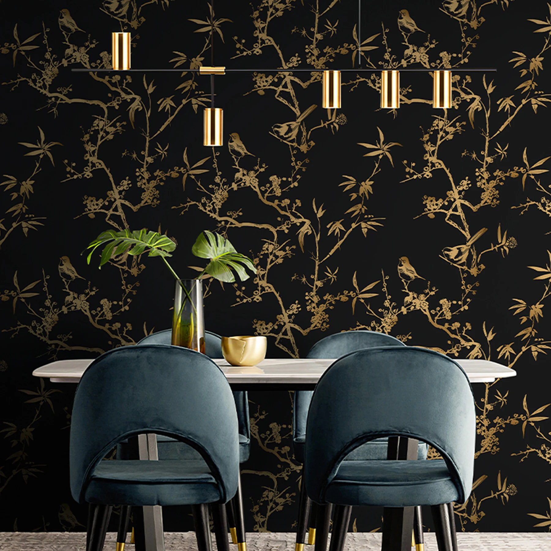 Gold Floral Trees Wallpaper Peel And Stick Gold And Black Vinyl Wall Decor Furniture Self Adhesive Waterproof Cabinet Sticker