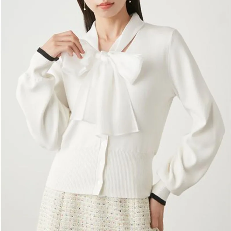 

Новинка Универсальные женские вязаные топы с V-образным вырезом и бантом на шнуровке Весна 2024 в японском стиле цветной кардиган в стиле пэчворк простой женский свитер